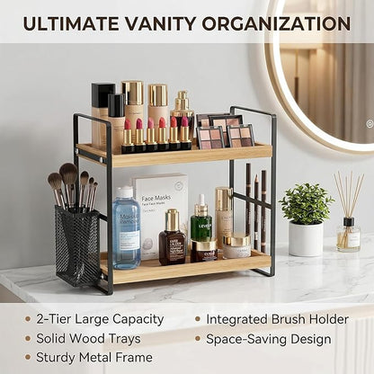 LEMIKKLE 2-Tier Wood Bathroom Counter Organizer with Basket,Waterproof Vanity Perfume Skincare Storage for Bathroom, Kitchen, Dresser