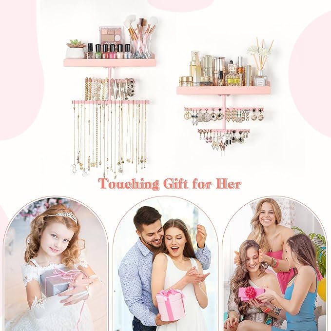 Keebofly Jewelry Organizer Wall Mounted Hanging with Wooden Shelf for Kids, Girls, Teens, Jewelry Holder Storage Display for Earring, Necklace, Bracelet, Bow, Pink, (Patented)