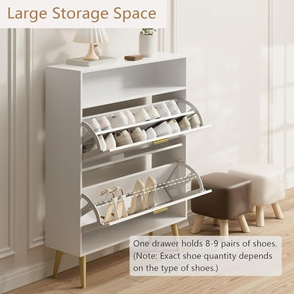 LYNSOM Shoe Cabinet Set of 2, Free Standing Tipping Bucket Shoe Rack Organizer with 2 Flip Drawers, Modern Entryway Shoe Storage with Top Display, Narrow Slim Hidden Shoe Cabinet (White)