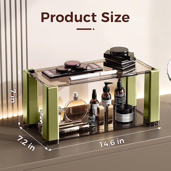 2-Tier Modern Minimalist Display Shelf, Multi-Purpose Organizer for Makeup,Perfume, Mugs, Figures, Clear Desktop Storage with Sturdy Frame for Bathroom, Kitchen, Office, and Home Decor Green