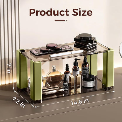2-Tier Modern Minimalist Display Shelf, Multi-Purpose Organizer for Makeup,Perfume, Mugs, Figures, Clear Desktop Storage with Sturdy Frame for Bathroom, Kitchen, Office, and Home Decor Green