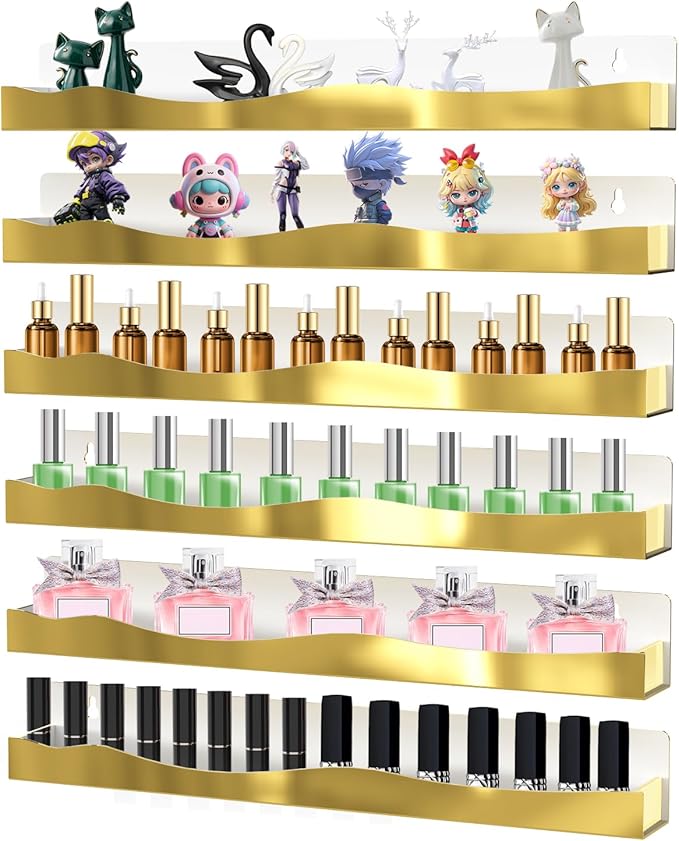 6 Pack Wall Mounted Acrylic Nail Polish Organizer Rack 15 Inch Gold Mirror Nail Polish Shelf with Removable Ends Multi-Purpose Shelf for Essential Oils Cosmetics Storage Display for Salon Bathroom