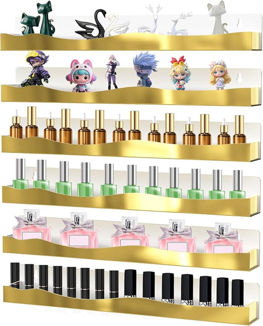 6 Pack Wall Mounted Acrylic Nail Polish Organizer Rack 15 Inch Gold Mirror Nail Polish Shelf with Removable Ends Multi-Purpose Shelf for Essential Oils Cosmetics Storage Display for Salon Bathroom