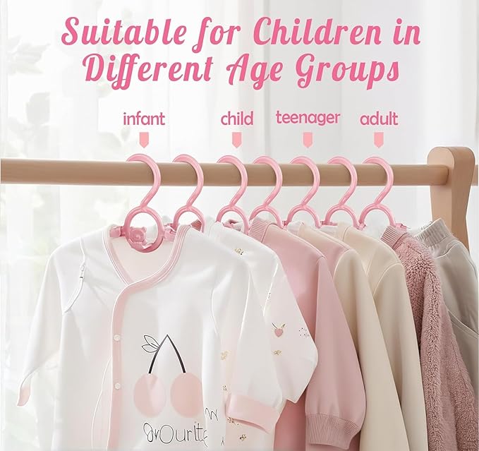 HGYZE Kids Hangers 11"-14" Adjustable Plastic Baby Girl Hangers 20 Pack, Toddler Bear Hanger for Children's Clothes Sweaters, Infant Hangar for Closet with Non-Slip Shoulder Grooves & Pants Bar, Pink