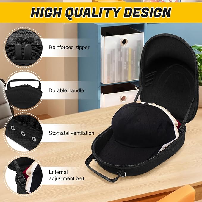Hat Travel Case,Hat Case for Baseball Caps with Carrying Handle and Adjustable Shoulder Strap,Organizer Protects up to 6 Hats, Box for Travel and Home Storage(Black)