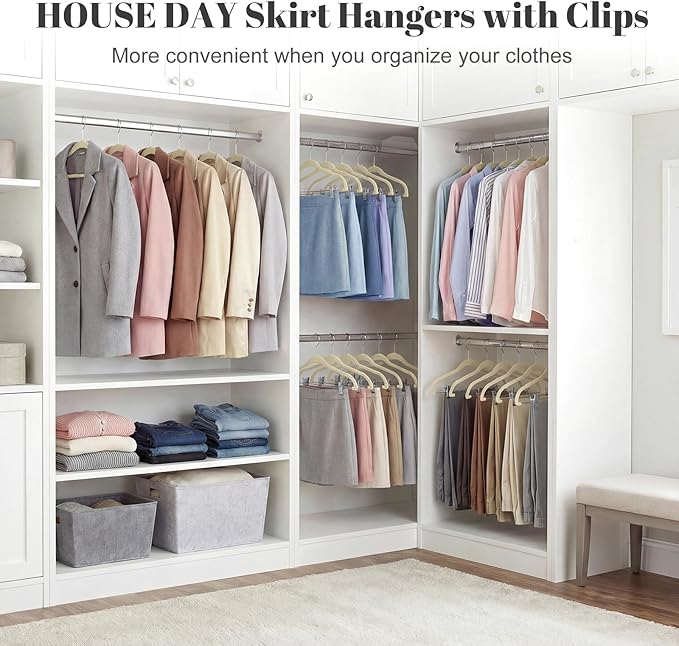 HOUSE DAY Velvet Skirt Hangers 24 Pack, Beige Velvet Pant Hangers with Adjustable Clips, Space Saving Slim Shorts Hanger, Heavy Duty Non Slip Clip Hanger for Pants, Skirts, Shorts