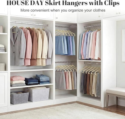 HOUSE DAY Velvet Skirt Hangers 24 Pack, Beige Velvet Pant Hangers with Adjustable Clips, Space Saving Slim Shorts Hanger, Heavy Duty Non Slip Clip Hanger for Pants, Skirts, Shorts