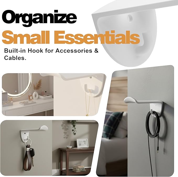 Adhesive Hat Hooks for Wall, 8 Pack, 2.9" Cowboy Hat Rack Prevents Deformation, Hat Hangers with Key Hook for Baseball Caps & Fedora, Drill or Stick, Western Decor Organizer, White