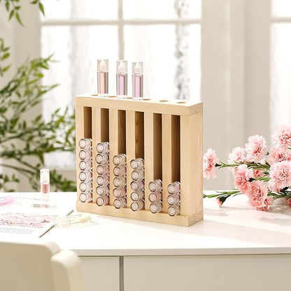 Wonderjune 1 Pcs 6 Slot Wooden Lipsticks Holder 0.7 Inch Lip Balm Tube Holder Lip Gloss Organizer Display Wood Lipsticks Tube Tower Organizer for Market Craft Booth Room Display (Wood Color)