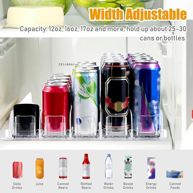 Cryfokt Self Pushing Drink Holder,Width Large Capacity 15in Fridge Drink Dispenser with Automatic Forward Sliding, Spring Loaded Soda Can Drink Organizer for Beer Wine (White), Cryfoktiofdhu5cg9-12