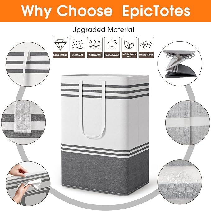 2 Pack Large Laundry Baskets, Laundry Hampers, Freestanding Waterproof Collapsible Clothes Bags with Reinforced Handles - Foldable Dirty Clothes Basket for Dorm, Bathroom, Room (Grey/75L)