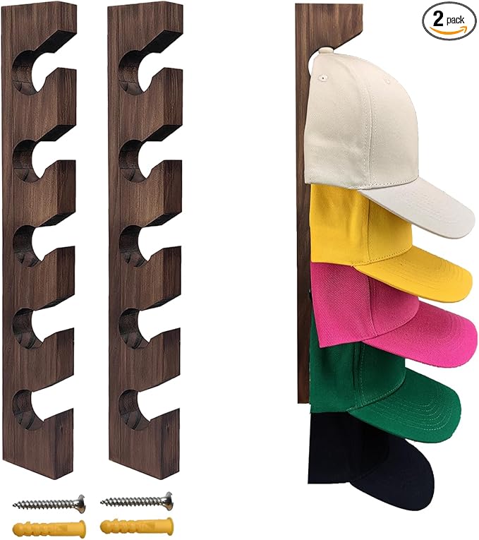 2 PCS Hat Rack for Baseball Caps, Wooden Hat Holder Wall-Mounted Caps Display, 5 Hook Wall Mounted Baseball Hat Rack (Brown)