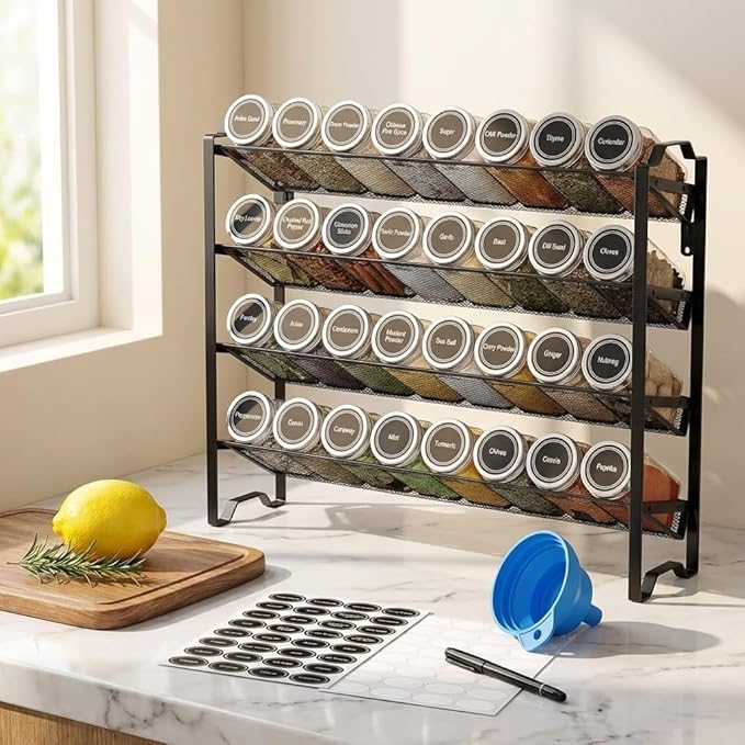 Simple Trending Spice Rack Organizer with 32 Empty Spice Jars, 64 Spice Labels, Chalk Marker and Funnel Set for Cabinet, Countertop, Kitchen, Pantry or Wall Mount, Black