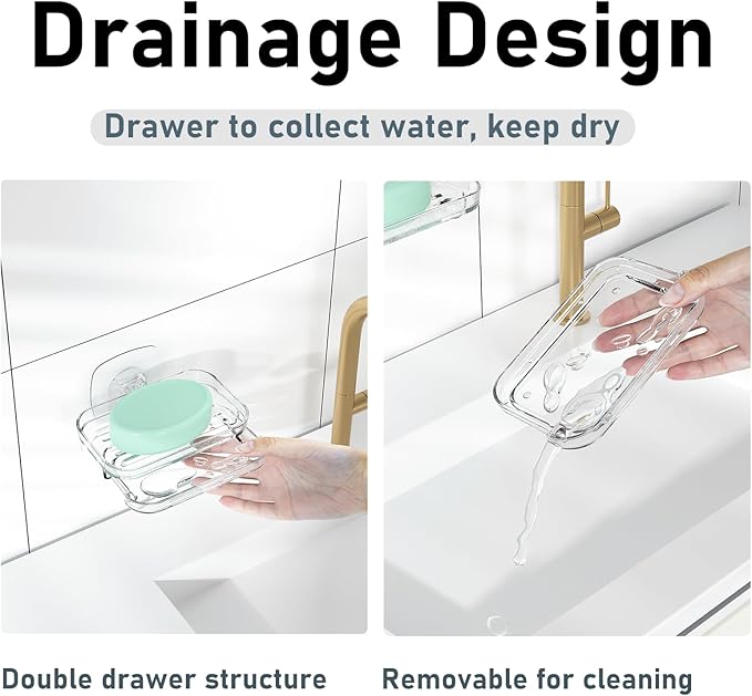 Soap Dish for Shower Clear Soap Holder Pull-Out Water Tray No Drilling Required Strong Fixation for Rv Bathroom and Kitchen Easy（2 Pack）