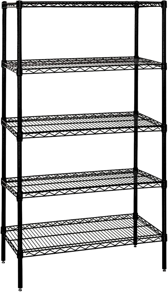 Quantum Storage Systems WR63-3648BK-5 Wire Shelving Starter Kit, 48" W x 36" D x 63" H, 600 lbs Capacity, Carbon Steel, Epoxy Coated, Black, NSF