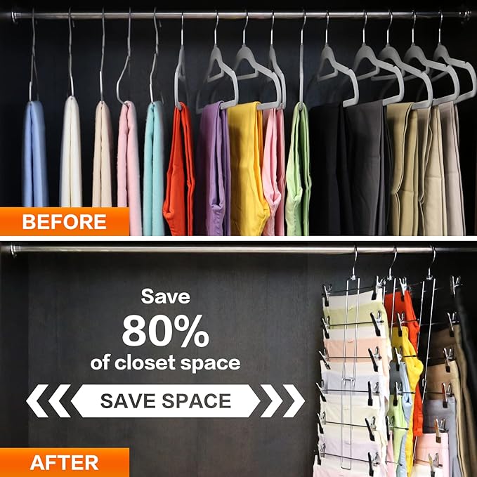 3 Pack Pants-Hangers-Space-Saving,6 Tier-Closet-Organizers-and-Storage Skirt Hangers with Clips,Closet-Organizer-Clothes-Organization-and-Storage Jeans Scarf Hangers,College-Dorm-Room-Essentials Decor