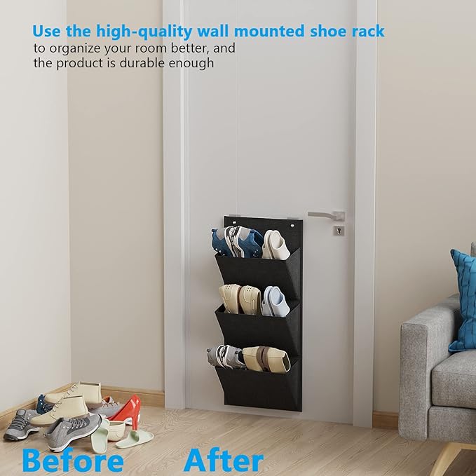 Wall Mounted Hanging Organizer 2Pack,Shoes Rack/Can Store 6Pairs of Plus-Size Sneakers,Also Stores Boots.with Sticky Hanging Mounts, Shoes Holder,Door Shoe Hangers (SM08-Black-2)