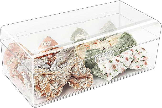JessLab Hair Accessories Organizer for Girls, Acrylic Hair Bow Tie Clip Scrunchie Holder with Dividers, Clear Stackable Storage Box for Bathroom, Bedroom, Vanity Countertop (1 Compartment)