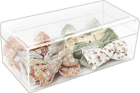 JessLab Hair Accessories Organizer for Girls, Acrylic Hair Bow Tie Clip Scrunchie Holder with Dividers, Clear Stackable Storage Box for Bathroom, Bedroom, Vanity Countertop (1 Compartment)