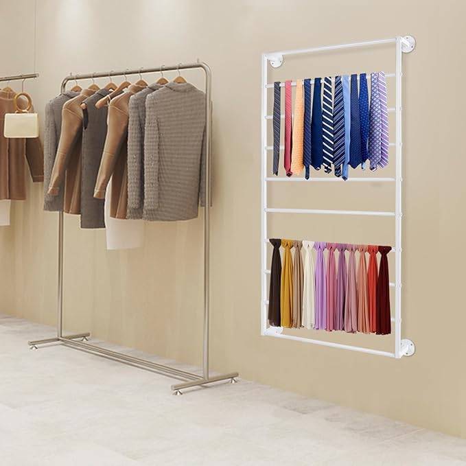 10-Tier Wall Mounted Scarf Rack, Tie & Scarf Holder, Towel Storage Rack, White, Iron, Baking Paint, Coating