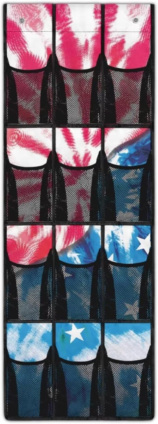 Tie-Dye Space Saving Hanging Shoe Organizer,Entryway Bedroom Bathroom Storage Bags with 12 Mesh Large Pockets,Stylish Print