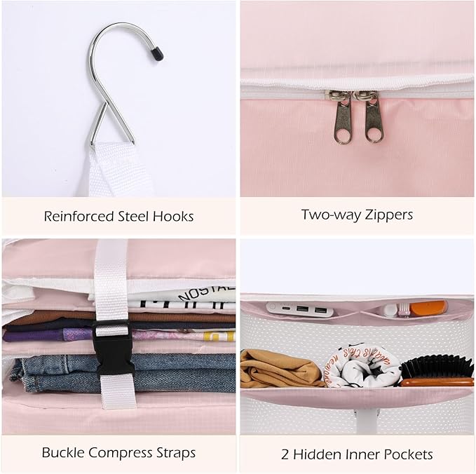 Surblue Hanging Closet Storage Bag Collapsible 3-Shelf Washable Oxford Fabric with 2 Hooks (L 11.41 * 11.41 * 19.68in, Pink)