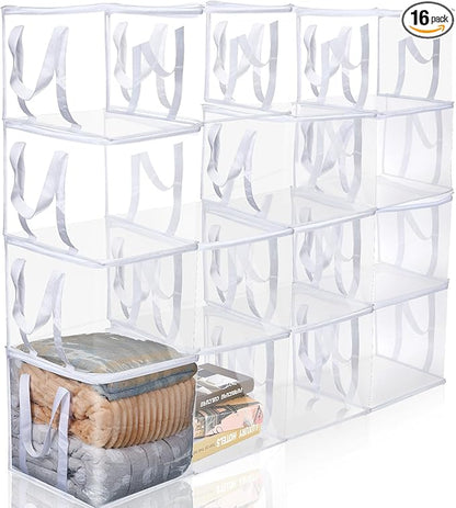 16 Pcs Clear Zippered Organizers 12''x12''x12'' Moving Bags with Reinforced Handles Heavy Duty Storage Cube Tote Storage Blanket Bags Bins for Clothes Moving Supplies Linens Shoes Closet Organizer