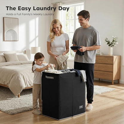 SOLEDI Double Laundry Hamper with Lid and Removable Laundry Bags,Divided Laundry Bin - Large Clothes Hamper 2 Section - Collapsible Laundry Baskets for Bedroom, Bathroom, Laundry Room,Black