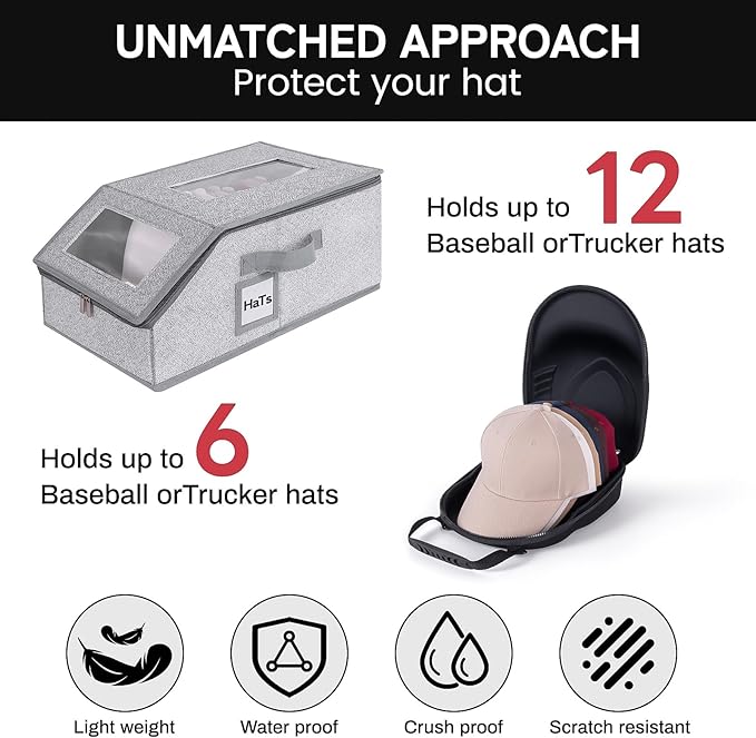 One set hat Storage for Baseball Caps,Gery Stackable box holds up to 18 Caps Hat Organizer for Closet, Black Baseball Cap and Adjustable Shoulder Strap, Hat Organizer Holder Bag for 6 Baseball Caps.