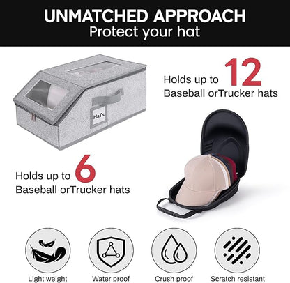 One set hat Storage for Baseball Caps,Gery Stackable box holds up to 18 Caps Hat Organizer for Closet, Black Baseball Cap and Adjustable Shoulder Strap, Hat Organizer Holder Bag for 6 Baseball Caps.