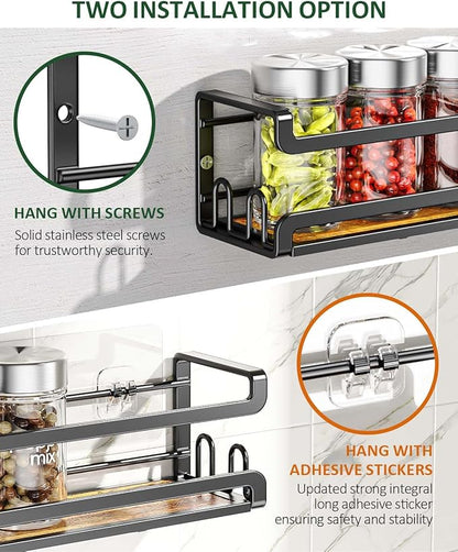 Doakhirmit Wall Mounted Spice Rack with 16 Hooks, Rustic Wood Spice Organizer Shelf for Stove Cabinet Pantry Door,Screw or Adhesive Hanging Spice Shelf,Wall Spice Rack in Kitchen and RV,2 Pack