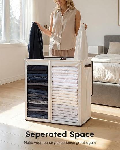 SOLEDI Large Double Laundry Hamper with Lid,165L Collapsible Clothes Hamper 2 section with Removable Bags, Space-Saving Laundry Basket for Bedroom, Dorm, College