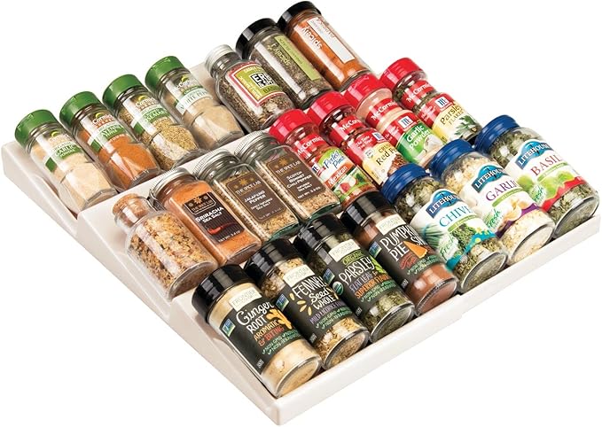 mDesign Expandable Plastic Deluxe Spice Rack, Drawer Organizer for Kitchen Cabinet Drawers, 3 Tier Slanted for Spice Jars, Food Seasoning Bottle Storage, Ligne Collection - Cream/Beige