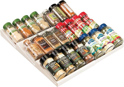 mDesign Expandable Plastic Deluxe Spice Rack, Drawer Organizer for Kitchen Cabinet Drawers, 3 Tier Slanted for Spice Jars, Food Seasoning Bottle Storage, Ligne Collection - Cream/Beige