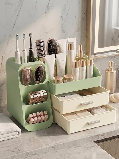 Booklov Makeup Organizer for Vanity, Large Capacity Cosmetic Display Case with Drawers, Countertop Beauty Storage Holder for Skincare, Brush Eyeliner Eyeshadow Lipsticks, Counter Desk, Cream Green