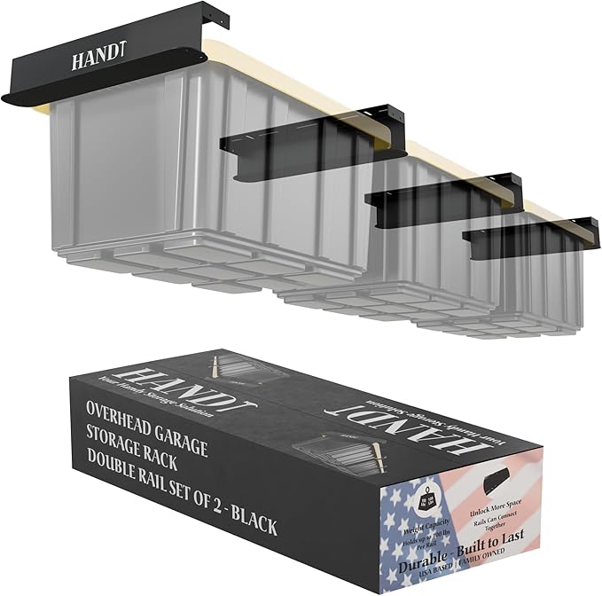 USA Based Overhead Garage Storage Rack, Connectable Heavy Duty Metal Ceiling Rails Garage Storage Organization Shelving System, Hanging Racks Tote Containers, Supports Up To 3 Bins, 2 Sets Black