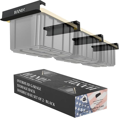 USA Based Overhead Garage Storage Rack, Connectable Heavy Duty Metal Ceiling Rails Garage Storage Organization Shelving System, Hanging Racks Tote Containers, Supports Up To 3 Bins, 2 Sets Black