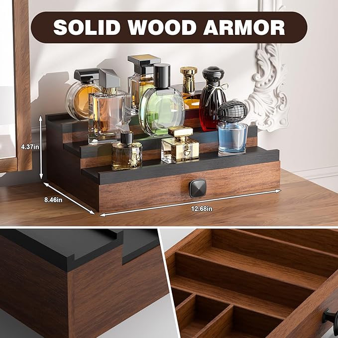 Cologne Organizer for Men: with Hidden Vault & Drawer, 3 Tier Wooden Cologne Stand Desktop Perfume Display Shelf, Bedroom Dresser Makeup Lotion Jewelry Storage Organizer ﻿