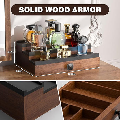 Cologne Organizer for Men: with Hidden Vault & Drawer, 3 Tier Wooden Cologne Stand Desktop Perfume Display Shelf, Bedroom Dresser Makeup Lotion Jewelry Storage Organizer ﻿