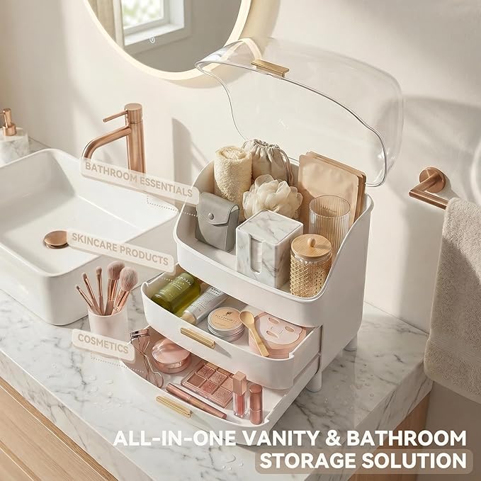 novelinks 3-Tier Skincare Makeup Organizer with Drawers, Large Capacity Vanity Storage Box, Desktop Cosmetic Organizer for Bathroom, Dresser & Vanity Countertop, White