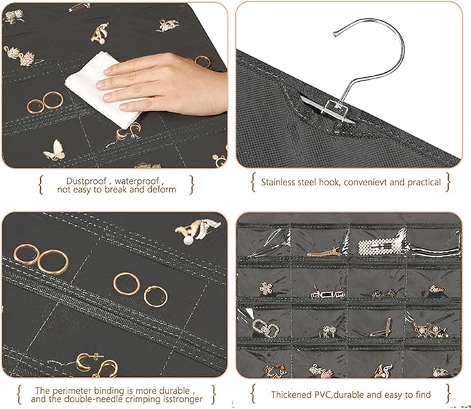 Hanging Jewelry Organizer Pockets Canvas Double Sided Rotating Hanger Necklace Hanging Wall Organizer Jewelry Roll for Earrings, Necklaces,Sunglasses,rings (Beige)