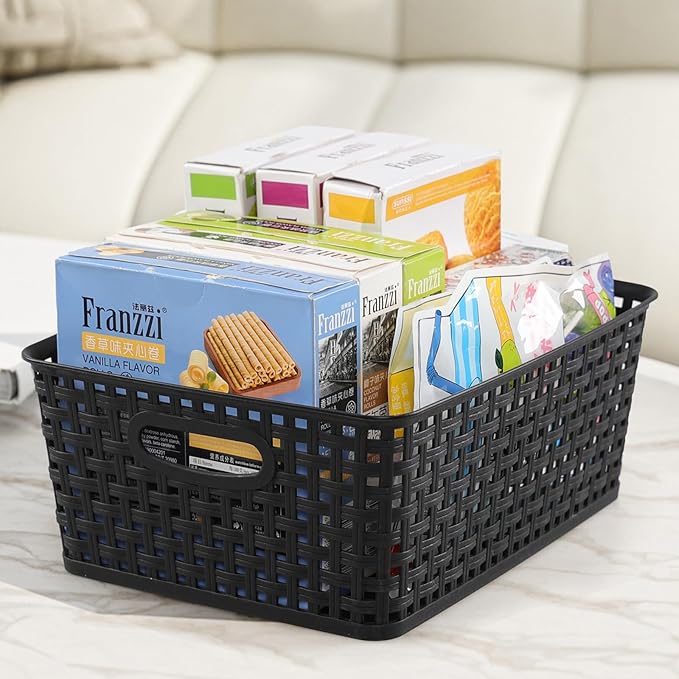 Plastic Weave Storage Baskets, Plastic Shelf Basket Bins, Black, 4 Packs