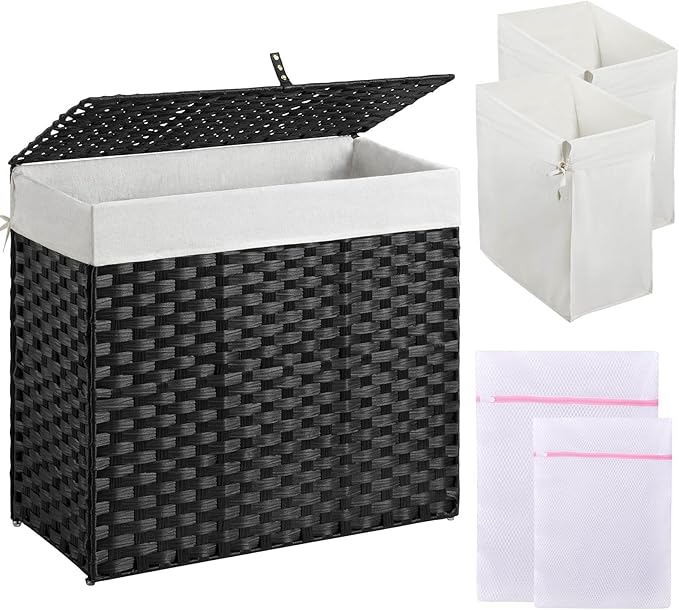 Greenstell Laundry Hamper with Lid, 125L Laundry Basket with 2 Removable Liner Bags & 2 Mesh Bags, Handwoven Synthetic Rattan Clothes Hamper for Clothes, Toys in Bathroom, Bedroom, Foldable, Black