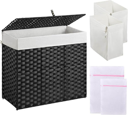 Greenstell Laundry Hamper with Lid, 125L Laundry Basket with 2 Removable Liner Bags & 2 Mesh Bags, Handwoven Synthetic Rattan Clothes Hamper for Clothes, Toys in Bathroom, Bedroom, Foldable, Black