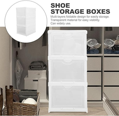 OSALADI Stackable Shoe Boxes with Lids, Multi-layer Foldable Sneaker Storage Organizer, 3-tier Shoe Holder for Closet and Cabinet
