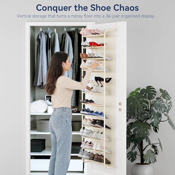 Whitmor 36 Pair Over The Door Shoe Organizer, 12 Tier Hanging Shoe Organizer, Heavy Duty Metal & Mesh Shoe Holder, Hanging Shoe Rack for Closet Organizer & Storage, 74"L x 21.7"W x 7.5"H, Beige
