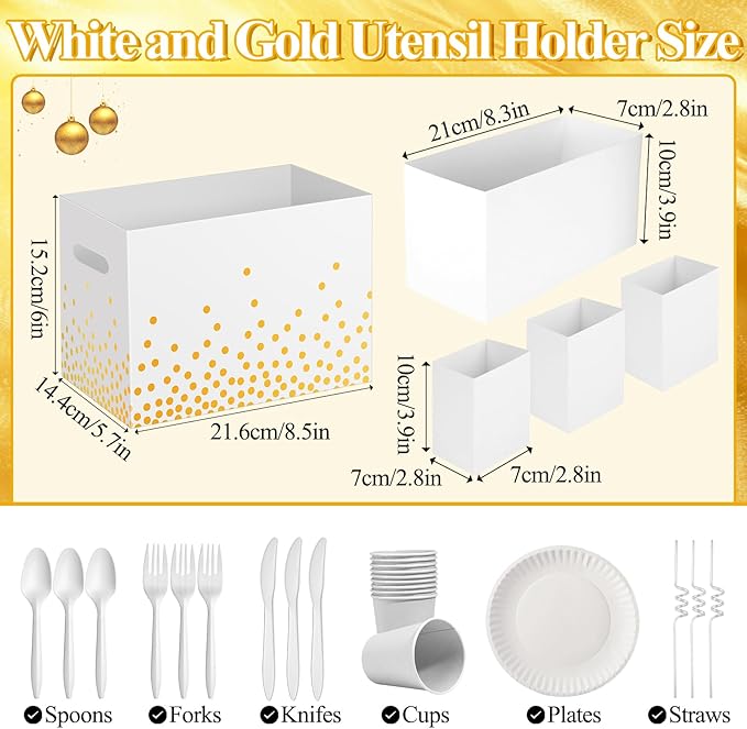 2PCS White and Gold Utensil Holder Paper Utensil Caddy for Engagement Party Supplies Cutlery Holder with Handles Wedding Party Favors Snack Box Disposable Cutlery Caddy for Birthday Decorations