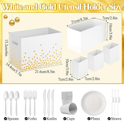 2PCS White and Gold Utensil Holder Paper Utensil Caddy for Engagement Party Supplies Cutlery Holder with Handles Wedding Party Favors Snack Box Disposable Cutlery Caddy for Birthday Decorations