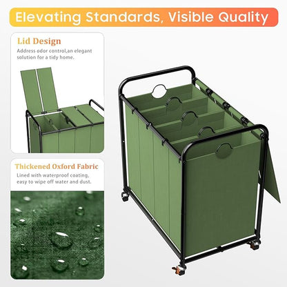 Laundry Sorter 4 Sections 48 Gal, Rolling Laundry Basket with Lockable Wheels and Lid, Laundry Hamper with 4 Separated Removable Bags Dirty Clothes Hamper for Laundry Room Organizer, Green