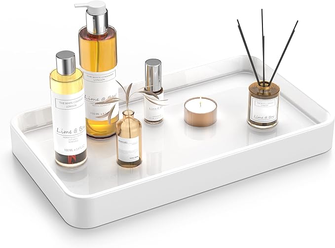 Gurygo 10" Bathroom Countertop and Vanity Tray - Kitchen Tray for Soap Bottles - Ceramic Vanity Tray for Bathroom Counter Organization - Kitchen Tray(White, Set/1)